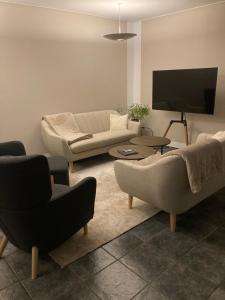 a living room with a couch and a tv at Lykkebjerg in Varde