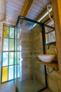 a bathroom with a glass shower with a sink at Alamos de Perdriel in Perdriel