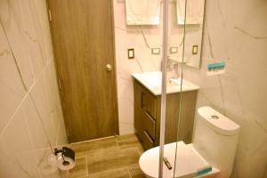 ein Badezimmer mit Toilette und Glasdusche in der Unterkunft Don Joaquín in Buenavista