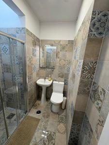 a bathroom with a toilet and a sink and a shower at Hotel Campo Pequeno in Lisbon