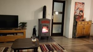 a living room with a fire in a stove at Chalupa Dolce Vita in Trutnov