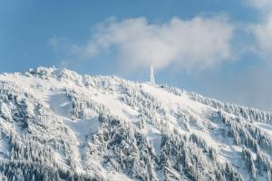 a snow covered mountain with a radio tower on it at Goldiger Hirsch Pension mit Gemeinschaftsküche in Immenstadt im Allgäu +39 photos