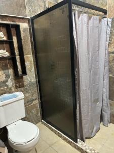 a bathroom with a toilet and a shower at Casa Tierra Mia in Tequila