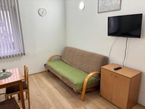 a living room with a couch and a flat screen tv at Apartments Ozren in Soko Banja