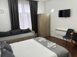 a hotel room with a bed and a tv at Apartments Ozren in Soko Banja