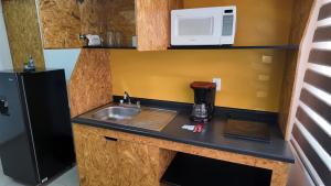 a small kitchen with a sink and a microwave at Living Up in Puebla