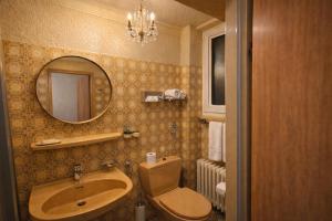 ein Badezimmer mit Waschbecken, Toilette und Spiegel in der Unterkunft Hotel Café Post in Rüdesheim am Rhein