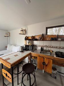 a kitchen with a sink and a table with a counter at Nomade Balmaceda in Balmaceda +15 photos