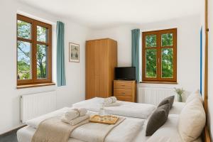 two beds in a room with two windows at REJVÍZ 1 Hotel & Spa in Rejvíz