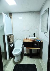 a bathroom with a toilet and a sink at Casona Imperial in Tepic +13 photos