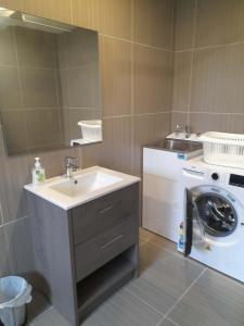 a bathroom with a sink and a washing machine at PohatuOkoro in Arorangi
