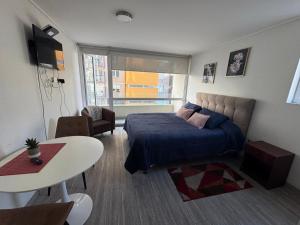 a bedroom with a bed and a table in it at Departamento studio. in Temuco