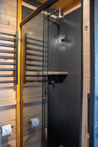 a shower with a glass door in a bathroom at Chale Pepê in Campo Alegre +43 photos