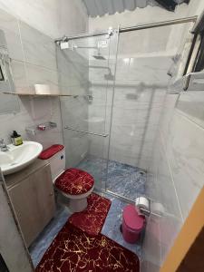 a bathroom with a shower and a toilet and a sink at Cabaña DAYANAVA in Aguazul +34 photos