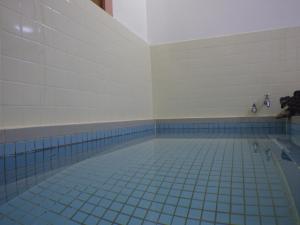 a bathroom with a swimming pool with blue tiles at Hagurokan in Tsuruoka