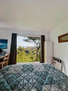 a bedroom with a bed and a large window at Studio 531 in Coromandel Town