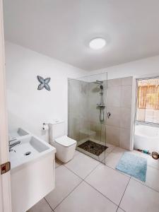 a bathroom with a shower and a toilet and a sink at Studio 531 in Coromandel Town +26 photos