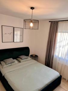 a bedroom with a bed with a green headboard and a window at Transylvanian Nomad II in Cluj-Napoca