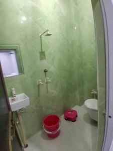 a green bathroom with a toilet and a sink at JSRInn in Mathura