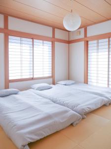 two beds in a room with two windows at 9Stay市原 in Ichihara