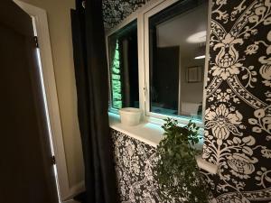 a bathroom with a window and a potted plant at Heartbeat Cottage By Travel Lets Holiday Homes Letterkenny With Private Ensuite Rooms & Garden in Letterkenny
