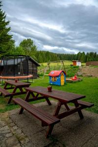 two picnic tables in a park with a playground at Chata Polka in Horní Vltavice