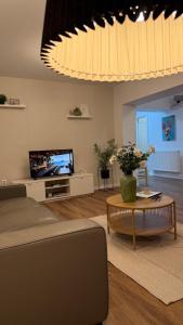 a living room with a couch and a tv at Tudor's apartment in Bucharest
