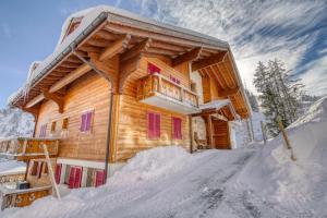 a log cabin in the snow on a mountain at Ski-in Ski-out with Chimney and view in Les Crosets