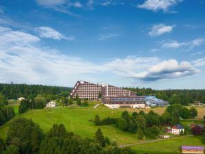 a large building on a grassy hill in front of a building at IFA Schöneck Hotel & Ferienpark in Schöneck