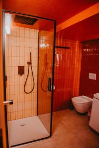 a bathroom with a shower and a toilet at sleepArt music in Celle