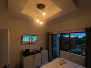 a bedroom with a bed and a tv and a window at Rembrandt - Zur See in Ballito