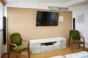 a living room with two chairs and a tv on the wall at Apartment Wenger Leogang in Leogang +34 photos