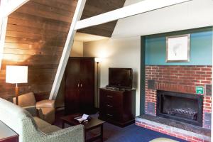 a living room with a fireplace and a tv at Inn at Deep Creek in Oakland