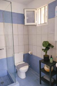 a bathroom with a toilet and a window at Blue Calm House Kythnos in Agios Dimitrios +3 photos