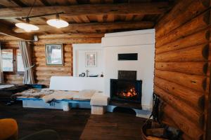 a bedroom with a fireplace in a log cabin at Cabana Huta Slavia in Şinteu