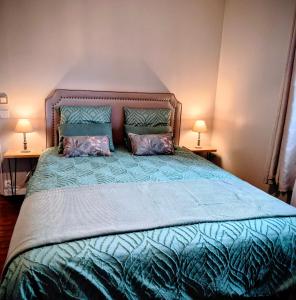 ein Schlafzimmer mit einem blauen Bett und zwei Kissen in der Unterkunft La Petite Maison de Vernon-Giverny, gîte cosy avec jardin à 7 min de Giverny, Sauna, Wifi, parking gratuit dans la rue, calme in Vernon