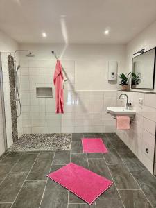 a bathroom with pink mats on the floor and a sink at Ferienhaus Südpfälzer Wald in Spirkelbach +22 photos