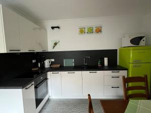 a kitchen with white cabinets and a green refrigerator at Ferienhaus Südpfälzer Wald in Spirkelbach