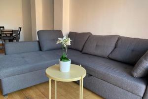 a blue couch with a vase with flowers on a table at NEW! Amazing 2 bedroom apartment in Rambla del Poblenou in Barcelona