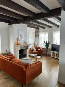 a living room with a couch and a fireplace at Urker Ussien in Urk