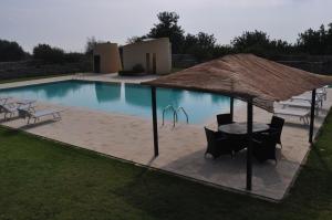 a patio with a table and a straw umbrella next to a pool at Casale Modica in Noto