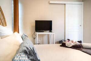 a bedroom with a bed with a flat screen tv at Bungalow Kaz Orchidée Oncidium in Sainte-Anne +17 photos