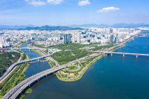 an aerial view of a bridge over a body of water at Stay Seongsu Villa in Seoul