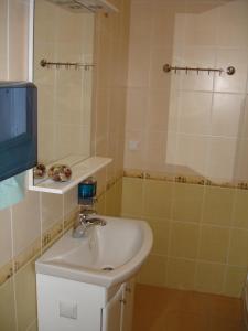 a bathroom with a sink and a tv and a shower at Эконом Комнаты in Donetsk