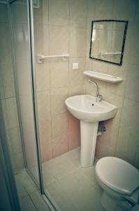 y baño con aseo, lavabo y ducha. en Kleopatra Beach Yildiz Hotel en Alanya