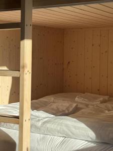 ein hölzernes Etagenbett in einem Zimmer mit Holzwänden in der Unterkunft The Fox Hostel in Hrífunes 