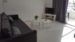 ein Wohnzimmer mit einem Sofa und einem TV in der Unterkunft Panelo Cactus Apartment in Puerto del Carmen