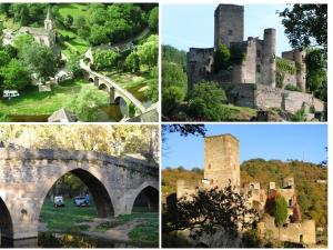 a collage of pictures of a castle and a bridge at Oustalou in Belcastel