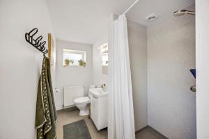 a bathroom with a toilet and a shower curtain at FeWo Lille Vidstrup in Vidstrup