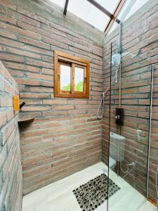 a bathroom with a glass shower and a window at Pousada Jardins da Gastehaus in Triunfo